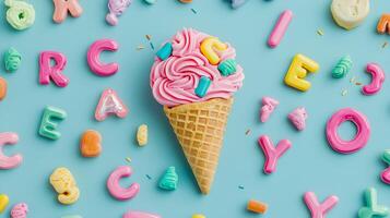 Colorful Ice Cream Cone Surrounded by Playful Alphabet Letters photo