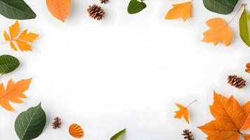 Colorful Autumn Leaves and Pine Cones on White Background photo