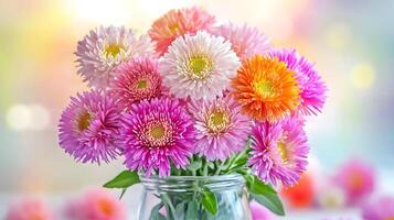 Colorful Aster Flowers in Jar with Soft Bokeh Background photo