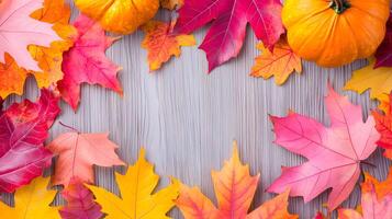 Autumn Colors with Pumpkin and Maple Leaves on Wood Background photo