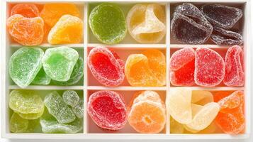 Colorful Assortment of Chewy Candies in Decorative Box photo