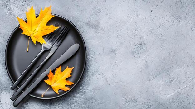 Elegant Black Plate with Fork and Knife Surrounded by Autumn Leaves photo