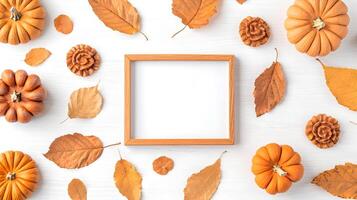 Autumn Decor with Pumpkins and Dried Leaves for Fall Season photo