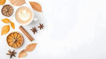 Warm Autumn Flat Lay with Coffee, Spices, and Dried Leaves photo