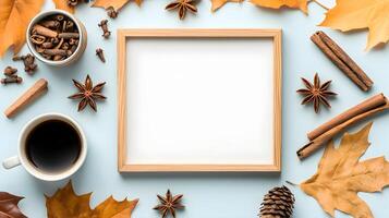 Cozy Autumn Still Life with Blank Frame and Warm Elements photo