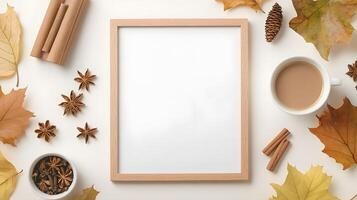 Cozy Autumn Flat Lay with Blank Frame and Natural Elements photo