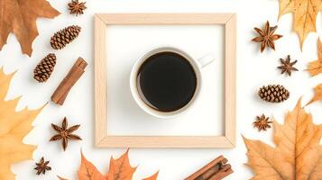 Cozy Autumn Coffee Scene with Leaves, Spices, and Cones photo
