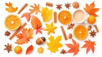 Vibrant Autumn Arrangement of Leaves, Spices, and Citrus Fruits photo
