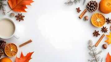 Autumn Seasonal Decor with Spices, Leaves, and Citrus on Table photo