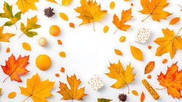Vibrant Autumn Leaves and Seasonal Elements on White Background photo