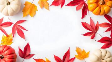 Autumn Decor with Colorful Leaves and Pumpkins on White Background photo