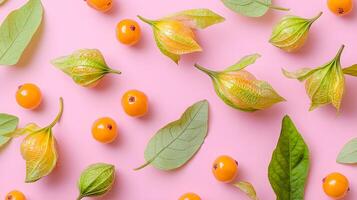 Colorful Arrangement of Physalis and Green Leaves on Pink Background photo