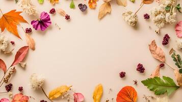 Colorful Autumn Leaves and Flowers on Neutral Background Display photo