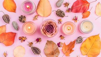 Elegant Flat Lay of Candles, Leaves, and Rose on Pink Background photo