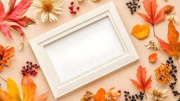 White Frame Surrounded by Autumn Leaves and Flowers on Beige Background photo