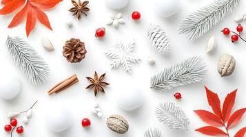 Festive Flat Lay with Natural Elements and Christmas Decorations photo