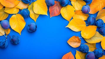 Vibrant Blue Background with Colorful Autumn Leaves and Plums photo