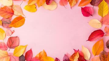 Colorful Autumn Leaves Surrounding Pink Background with Space photo