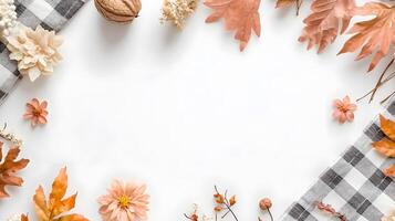 Autumn Inspired Flat Lay with Leaves Nuts and Seasonal Decor photo