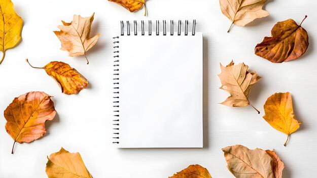 Blank Spiral Notebook Surrounded by Autumn Leaves on a White Surface photo
