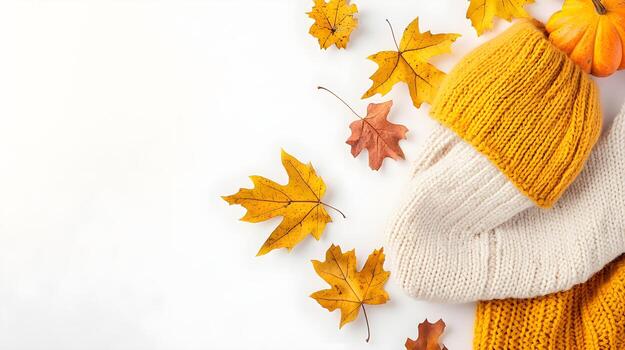 Cozy Autumn Accessories and Colorful Leaves on White Background photo