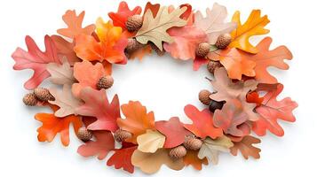 Autumn Wreath with Colorful Leaves and Acorns on White Background photo