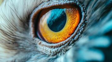 Close up of a bird's eye with a blue and orange hue. The eye is surrounded by feathers and has a reflective quality to it photo