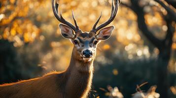 Deer with large antlers stands in a forest. The deer is brown and has a wet appearance photo