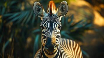 Zebra is looking at the camera with its mouth open. The zebra is in a lush green environment with lots of foliage photo