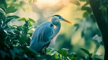 Large bird with a long neck is perched on a tree branch. The bird is blue and white in color photo