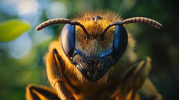 Close up of a bee's head with its antennae out. The bee is in a green field photo