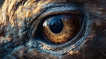 The eye of a bird is shown in a close up. The eye is brown and has a dark pupil. The eye is surrounded by feathers and has a reflective quality photo