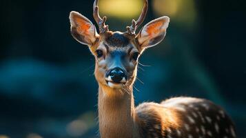 Deer with antlers is standing in the woods. The deer has a curious expression on its face photo