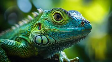 Green lizard with a green face and green body. The lizard is looking at the camera photo
