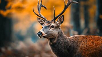 Deer with antlers is standing in a forest. The deer is brown and has a large, open mouth photo