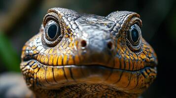 Close up of a lizard's face with its eyes open. The lizard's eyes are large and bright, and its mouth is open photo