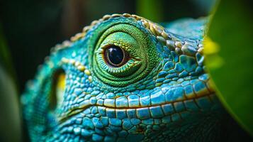 Close up of a lizard's face with green eyes. The lizard's eyes are large and prominent, and the rest of its body is also green photo