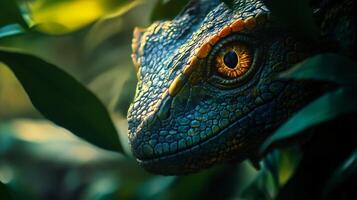 Lizard with a green and yellow face is shown in a leafy environment. The lizard's eyes are large and yellow, and its face is surrounded by green leaves. Concept of curiosity and wonder photo