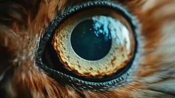 Close up of an owl's eye with a blue iris. The eye is surrounded by brown feathers, giving it a warm and inviting appearance. The blue iris contrasts with the brown feathers photo