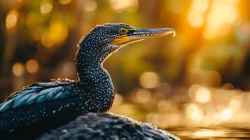 Black bird with a yellow beak is sitting on a rock. The bird is surrounded by a blurry background, which gives the image a sense of movement and energy photo