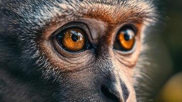 Monkey's face with its eyes open and looking at the camera. The eyes are yellow and the face is brown photo