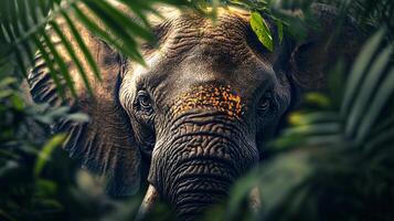 Close up of an elephant's face in a jungle. The elephant is looking at the camera photo