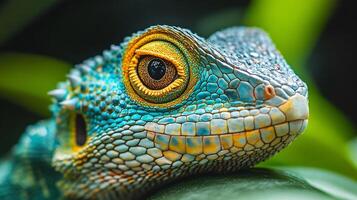 Lizard with a yellow eye and blue body is laying on a leaf. The lizard's eyes are open and it is looking at the camera photo