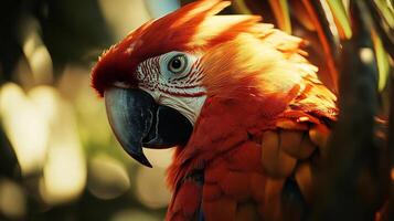Colorful parrot with a red beak and orange feathers. The bird is looking directly at the camera photo