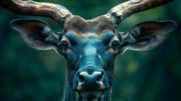 Deer with a blue face staring at the camera. The blue color of the deer's face gives it a unique and interesting appearance photo