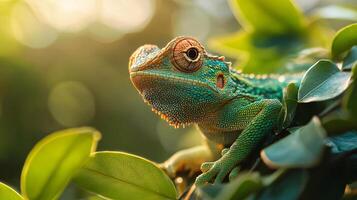 Green lizard is sitting on a leafy branch. The lizard is looking at the camera. The image has a calm and peaceful mood photo