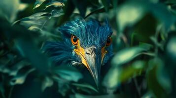 Bird with a blue head and yellow beak is peeking out from behind some leaves. The image has a sense of mystery and curiosity, as the bird is hidden from view but still visible photo