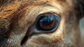 Close up of a deer's eye with a blurry background. The eye is brown and has a dark pupil photo