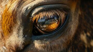 Close up of a horse's eye with a reflection of the sun in the eye. The eye is brown and the reflection is orange photo