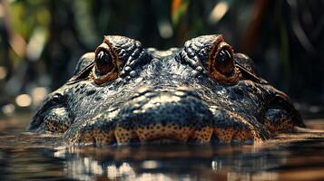 Crocodile is swimming in the water with its eyes open. The water is murky and the crocodile's eyes are visible photo